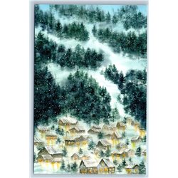 VILLAGE in SNOW FOREST Christmas House Winter New Unposted Postcard