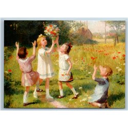 LITTLE GIRLS collect Bouquet Flowers Filed by Gilbert New Unposted Postcard