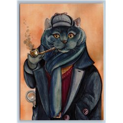 SHERLOCK CAT with a tobacco pipe Deerstalker Detective New Unposted Postcard