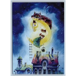 LITTLE GIRL on Moon CAT FAIRY TALE City Fantasy New Unposted Postcard