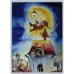 LITTLE GIRL & CAT on Moon Teatime Party City Fantasy New Unposted Postcard