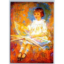 LITTLE GIRL in white dress read BOOK by Robert Reid New Unposted Postcard
