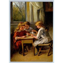 LITTLE GIRLS play Tea Time Party Teatime Window by Peters New Postcard