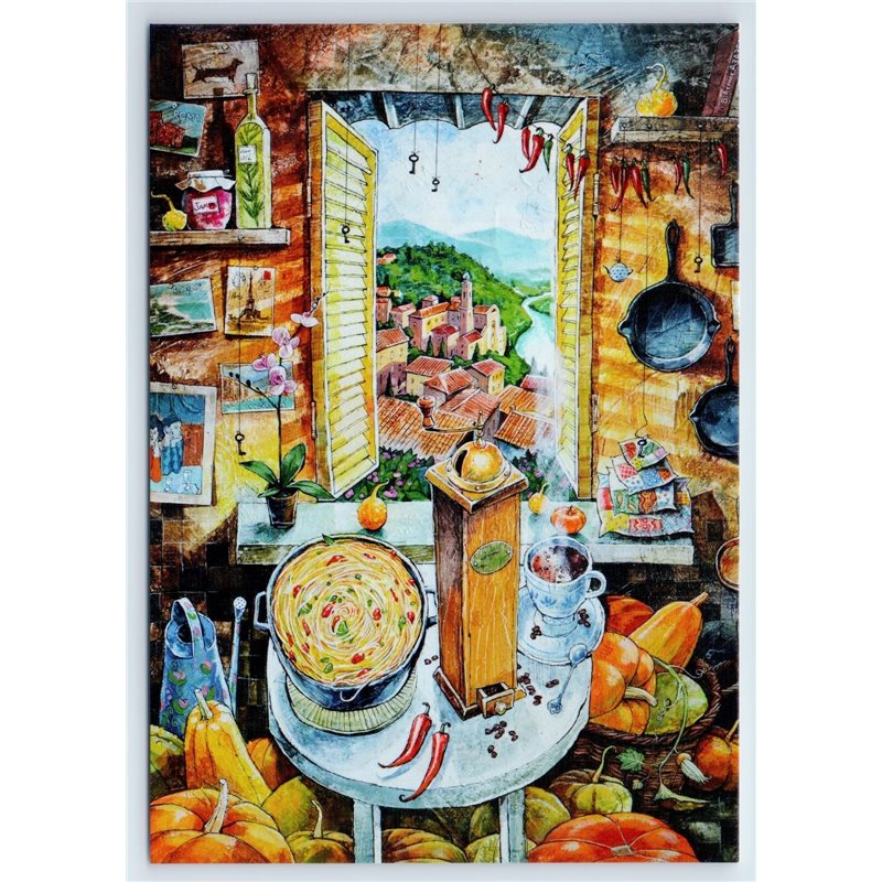 PIZZA of HAPPINESS Kitchen coffee grinder Spaghetti Window New Postcard
