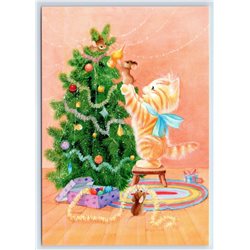 FUNNY RED CAT with Mouse Mice dressed CHRISTMAS TREE New Postcard