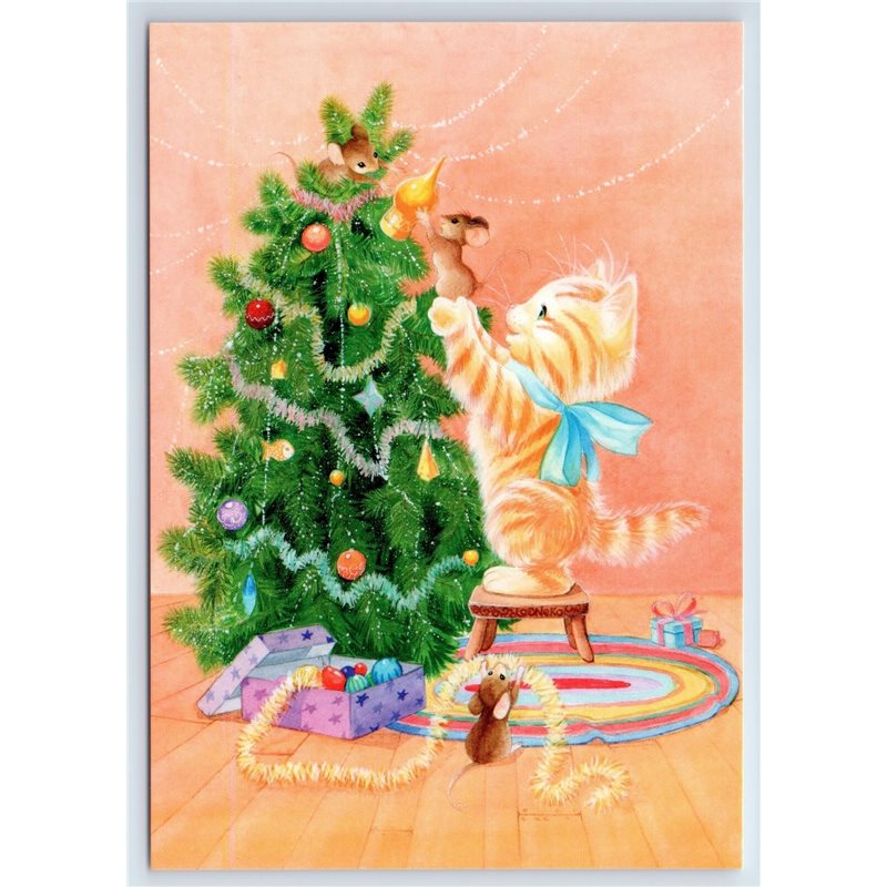 FUNNY RED CAT with Mouse Mice dressed CHRISTMAS TREE New Postcard