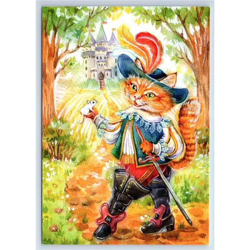 PUSS in BOOTS with Mouse near Castle Forest Russian Unposted Postcard