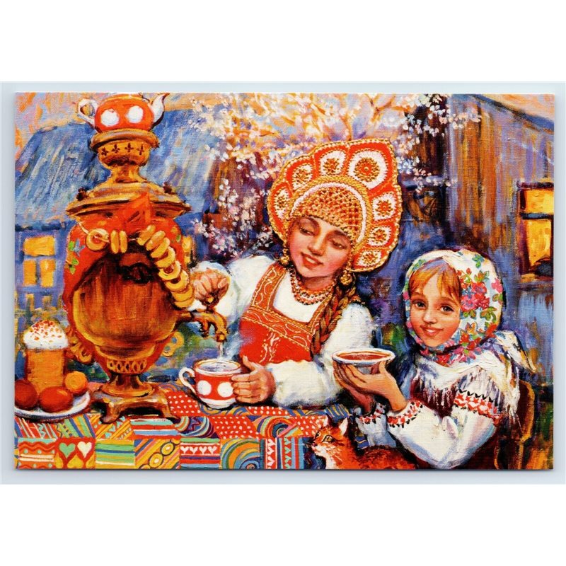 LITTLE GIRLS in Russian Ethnic Costume drink TEA TIME Samovar New Postcard
