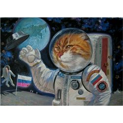 CAT Astronaut Cosmonaut on Moon Open Space Fantasy ART Russian Modern Postcard