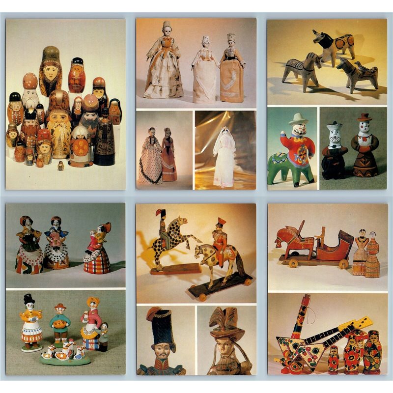 RUSSIAN FOLK ETHNIC TOYS DOLLS Wooden SET of 16 Postcards  Rare Soviet USSR