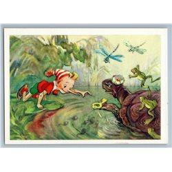 1967 PINOCCHIO & TURTLE Frogs on swamp by Vladimirsky Soviet USSR Postcard
