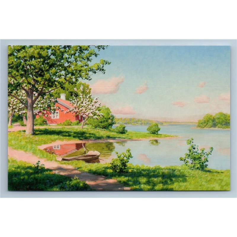 LANDSCAPE with Cherry Blossom Lake Boat Peasant by Johan Krouthen New Postcard