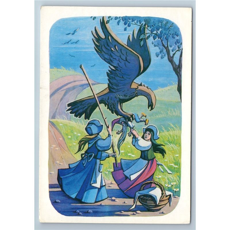 LITTLE GIRLS fight EAGLE Andersen Tale  by Narskaya 1985 Old Vintage Postcard