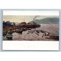 1958 RAFTING WOOD on River Barge Boats Soviet Realism Art Vintage Postcard