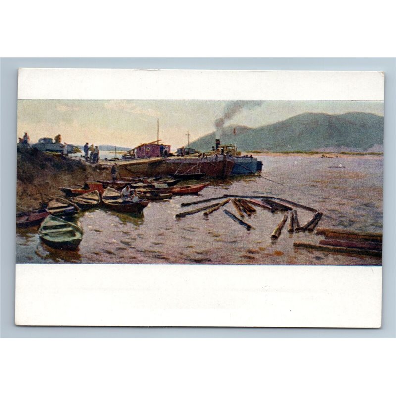 1958 RAFTING WOOD on River Barge Boats Soviet Realism Art Vintage Postcard