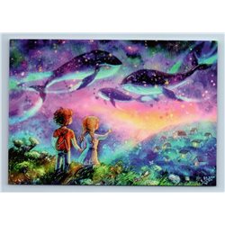LITTLE GIRL and BOY in Mountains MAGIC WHALE Fantasy Ill. New Unposted Postcard