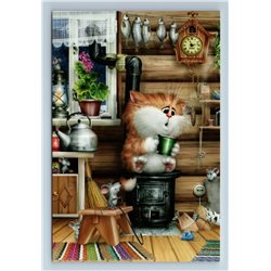 Scared CAT on Stove Mouse Mice Peasant House Funny Comic Russia Modern Postcard