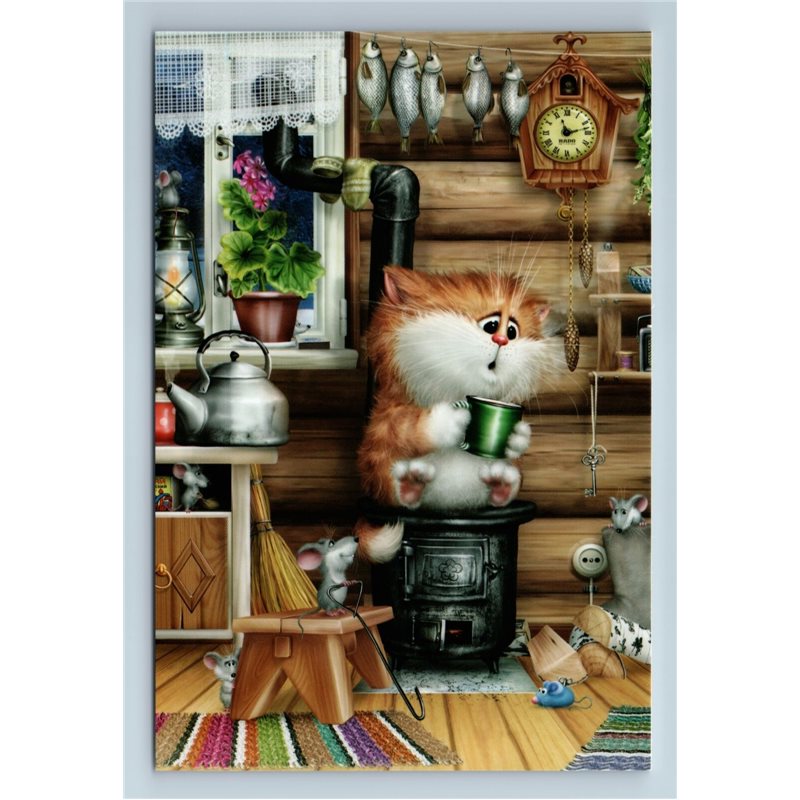 Scared CAT on Stove Mouse Mice Peasant House Funny Comic Russia Modern Postcard