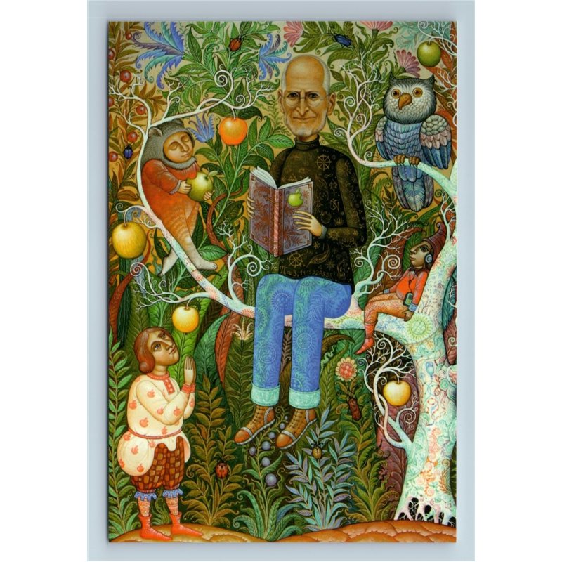 STEVE JOBS on APPLE TREE with BOOK in Russian Ethnic Style New Unposted Postcard