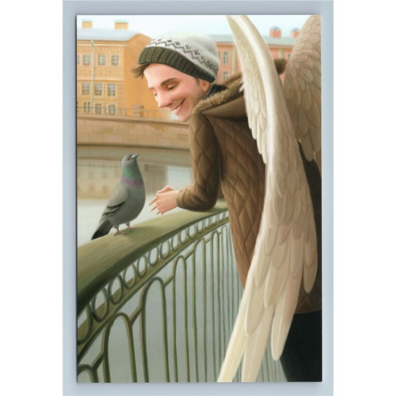 HANDSOME BOY with PIGEON Dove on Bridge Muse in City Russian New Postcard