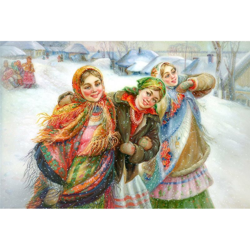 PRETTY YOUNG GIRLS Ethnic Folk Costume Winter Snow Peasant Russian New Postcard
