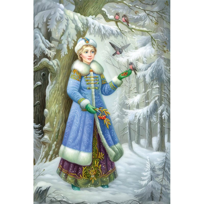 SNOW MAIDEN in Winter Forest fees Birds Bullfinches Ethnic Russian New Postcard