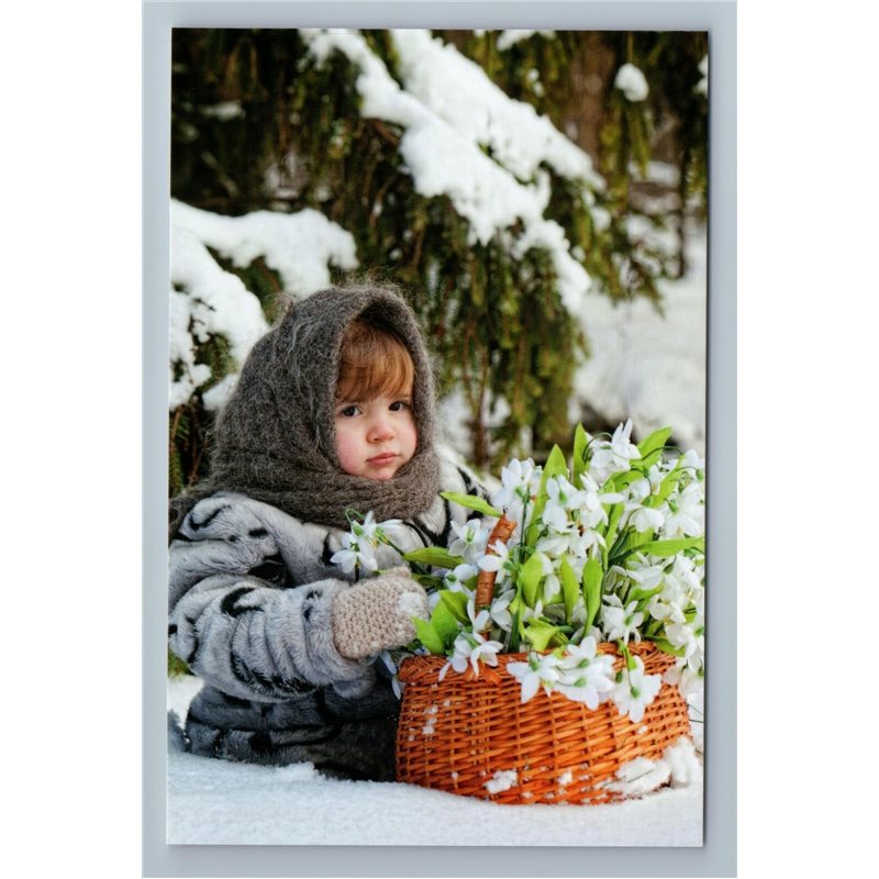 PRETTY LITTLE GIRL with basket of snowdrops in Snow Forest Russian New Postcard