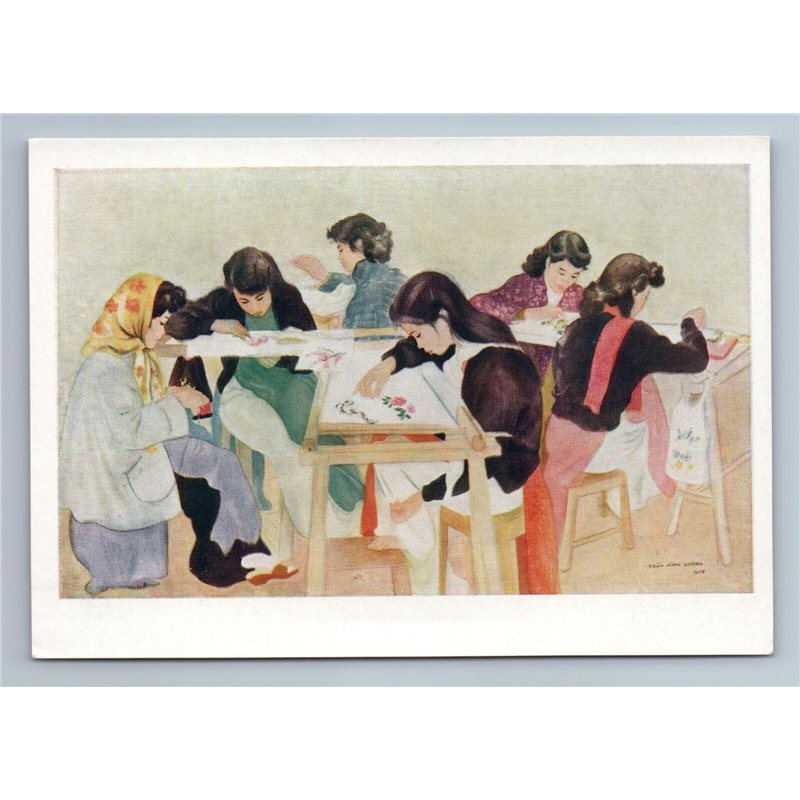 1960 VIETNAM WOMEN EMBROIDERERS Needlework Workshop ART Soviet USSR Postcard