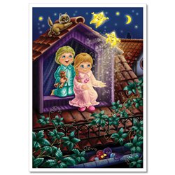 LITTLE BOY & GIRL on roof Magic Stars CAT Fantasy Tale New Unposted Postcard