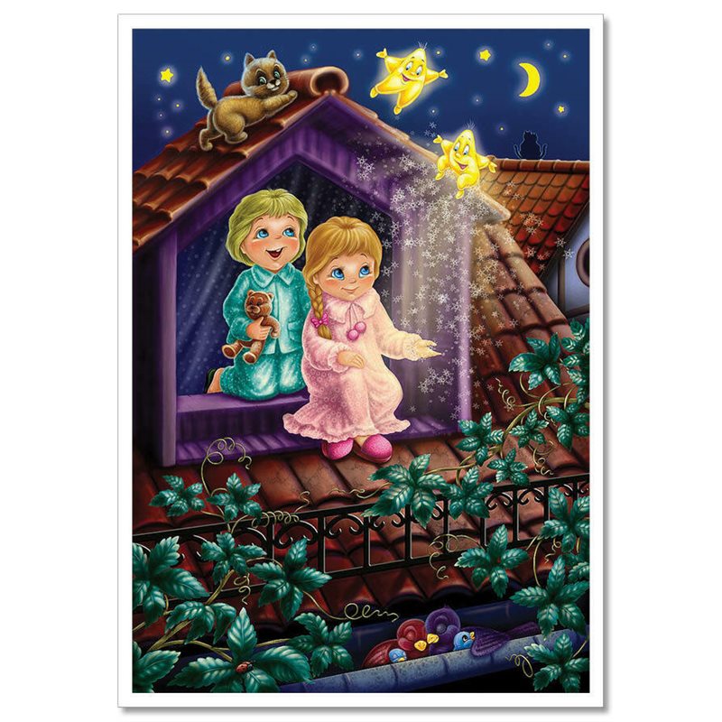 LITTLE BOY & GIRL on roof Magic Stars CAT Fantasy Tale New Unposted Postcard