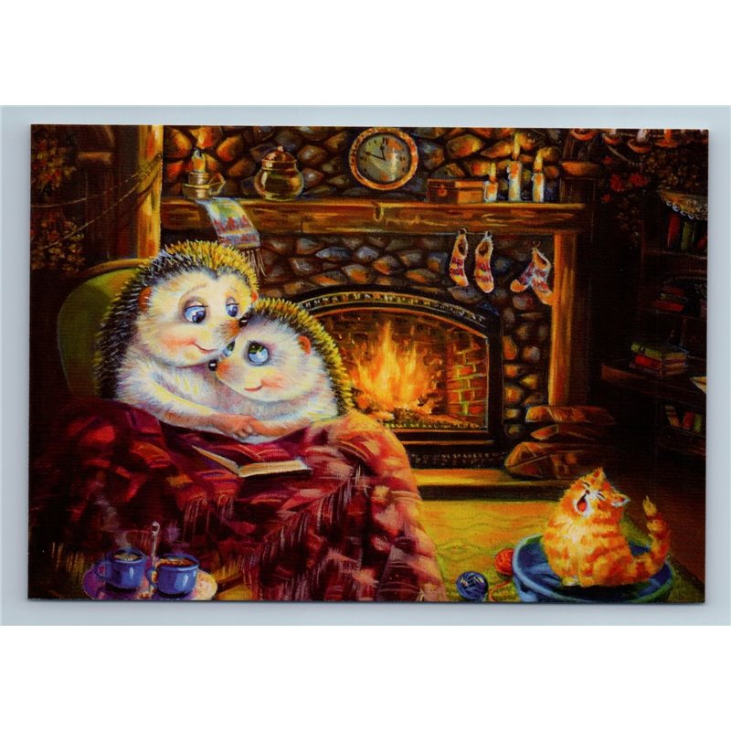 HEDGEHOGS and Red CAT near Fireplace I love you by Glushcenko New Postcard