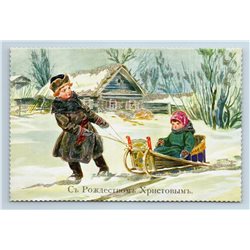 MERRY CHRISTMAS Little Boy n Girl Winter Peasant GLITTER Russian New Postcard