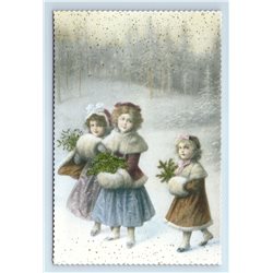 MERRY CHRISTMAS Little Girls in Forest Snow Winter GLITTER Russian New Postcard