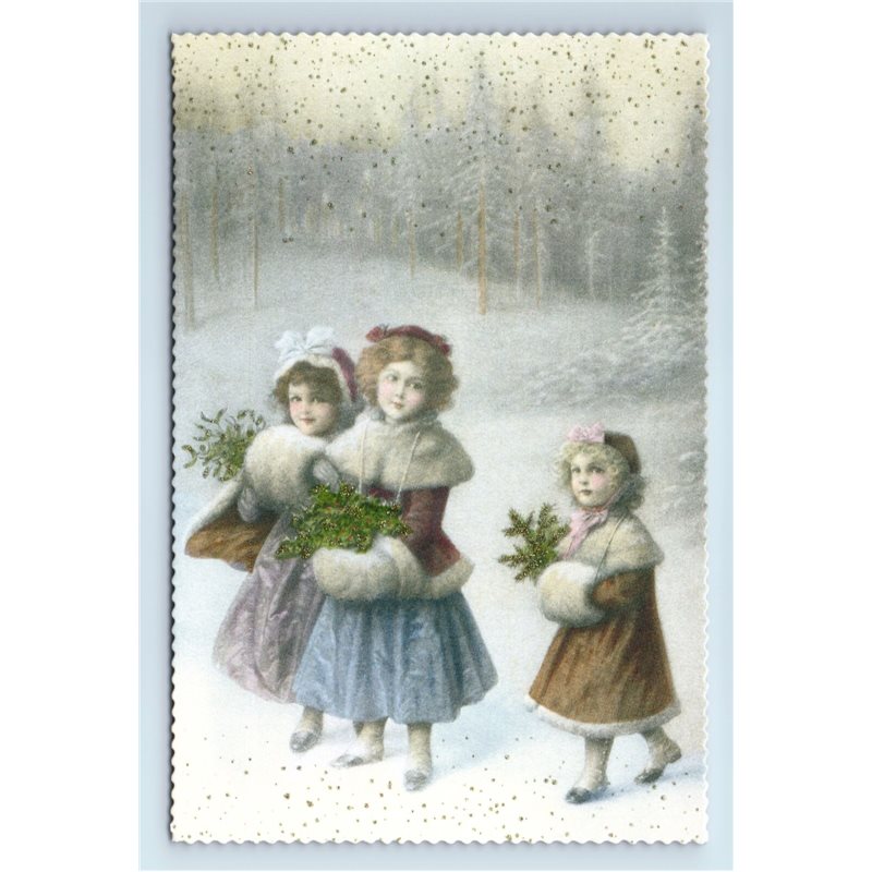 MERRY CHRISTMAS Little Girls in Forest Snow Winter GLITTER Russian New Postcard