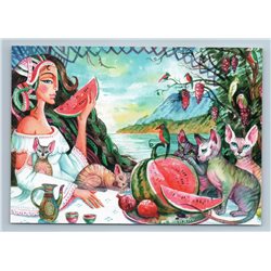 LADY eat WATERMELON and CAT SPHINX Garden Fantasy New Unposted Postcard