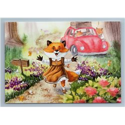 RED FOX running Towards Happiness Fancy Garden Car Summer Russian New Postcard