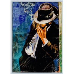 MAN in Hat and Suit smokes a Cigarette Graphic Russian New Postcard