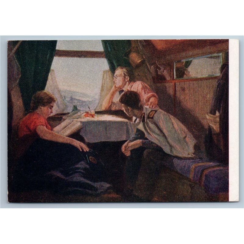 1955 SOVIET PEOPLE in a railway carriage BOOK Railroad USSR Vintage Postcard