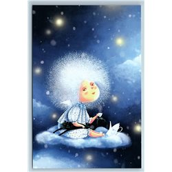 LITTLE GIRL with BLACK CAT drinking tea on a cloud ANGEL Fantasy New Postcard
