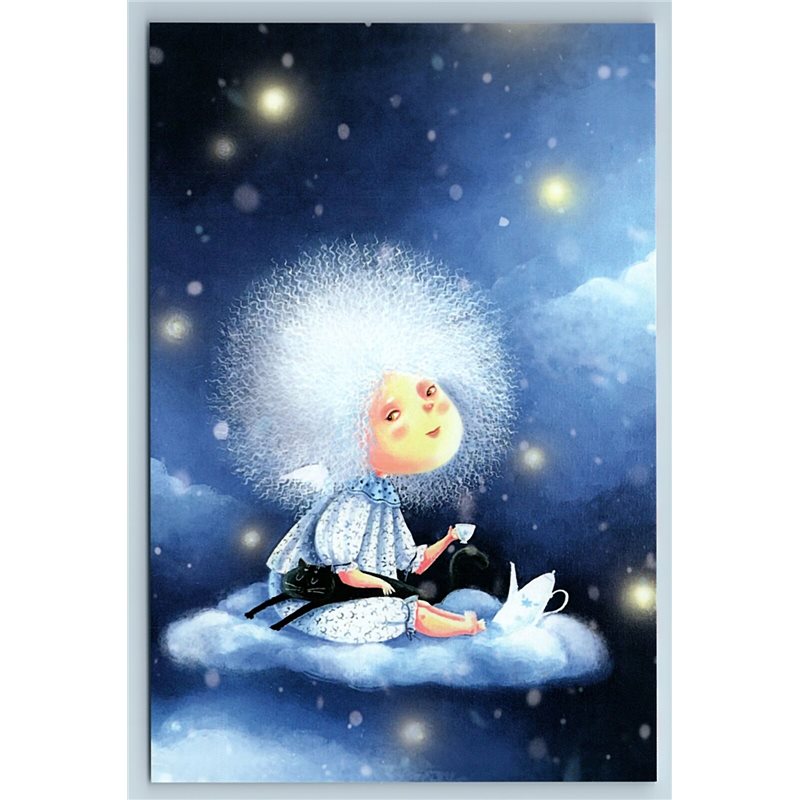 LITTLE GIRL with BLACK CAT drinking tea on a cloud ANGEL Fantasy New Postcard