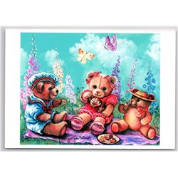 TEDDY BEAR Tea Party Time in Garden Butterfly Russian New Postcard