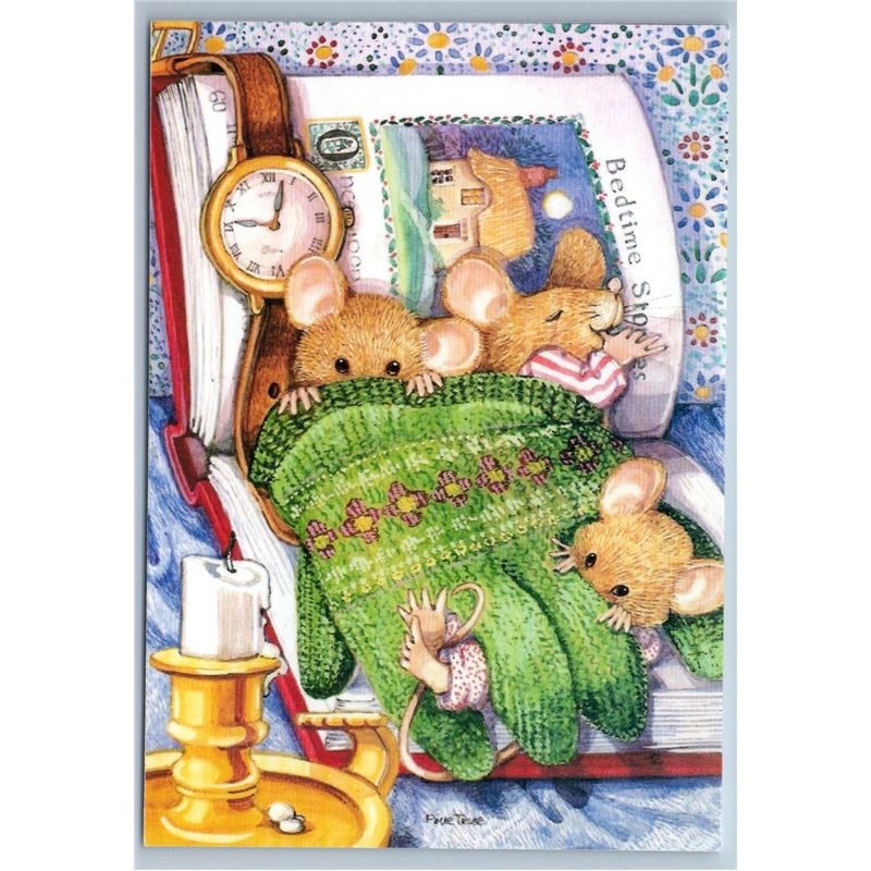 FUNNY MOUSE Mice in a knitted gauntlet Clock Candle Fantasy Russian New Postcard
