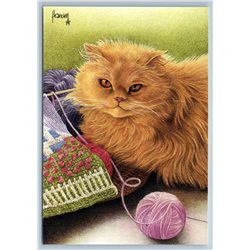 GINGER RED CAT and Knitting Yarn Needlework Russian New Postcard