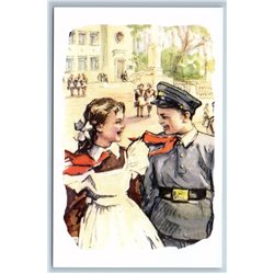"After examination" Pioneer School Boy Girl Socialist Realism Russian postcard