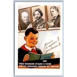 Schoolboy reading a book Little boy in School Pioneer Socialist Russian postcard