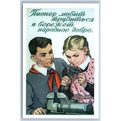 Pioneer School Boy Girl Working Socialist Realism Russian postcard