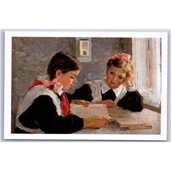 Pioneer Shoolgirl "Homework" by Serov Socialist Realism Russian postcard