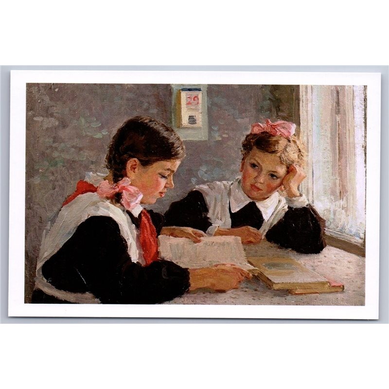 Pioneer Shoolgirl "Homework" by Serov Socialist Realism Russian postcard