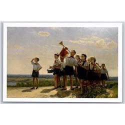 "Happy" by Belyaev Pioneer Kids Horn Drum Socialist Realism Russian postcard