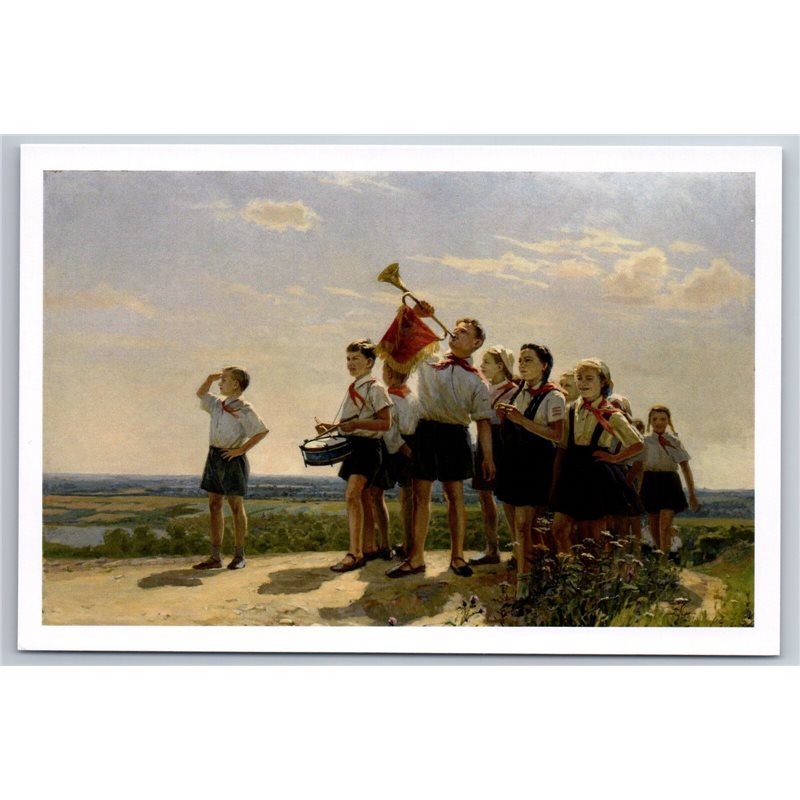 "Happy" by Belyaev Pioneer Kids Horn Drum Socialist Realism Russian postcard